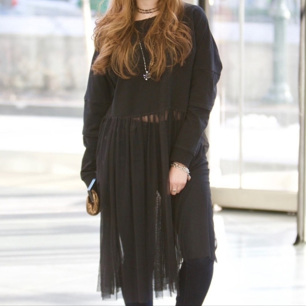 ZARA Sweatshirt Tulle-Skirt Crewneck Balletcore Black Long Sleeves Midi Size S